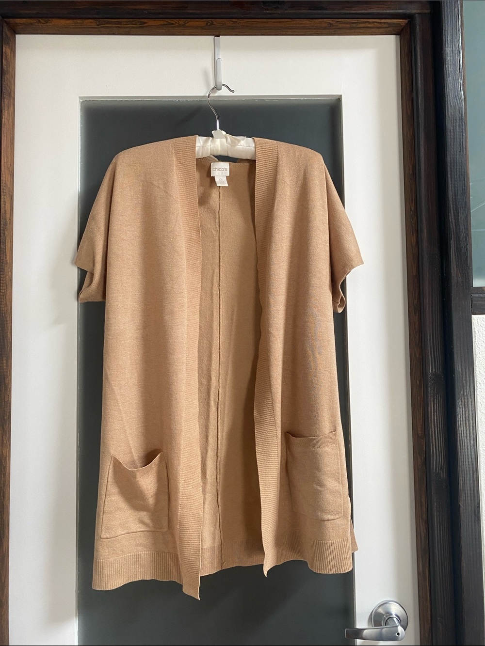 Chico's Camel Short-Sleeve Open-Front Cardigan